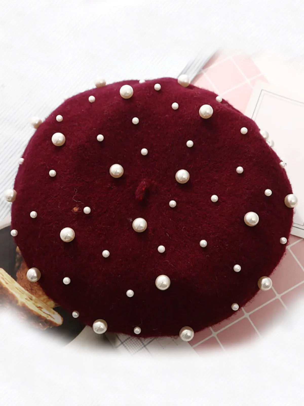 Pearl-Embellished Wool Beret