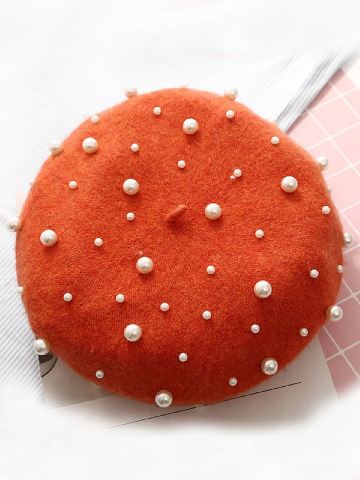 Pearl-Embellished Wool Beret