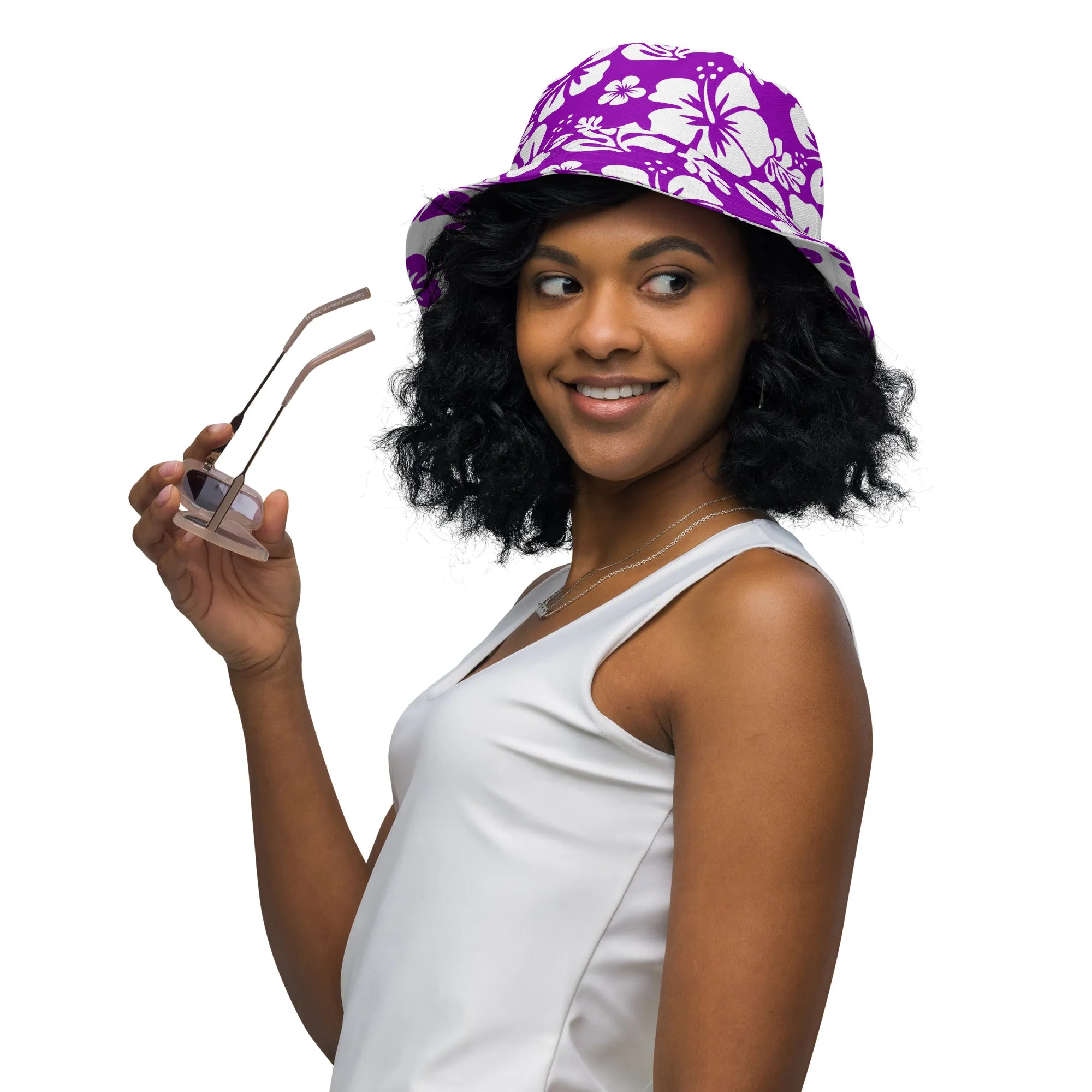 Purple and White Hawaiian Flowers Reversible Bucket Hat