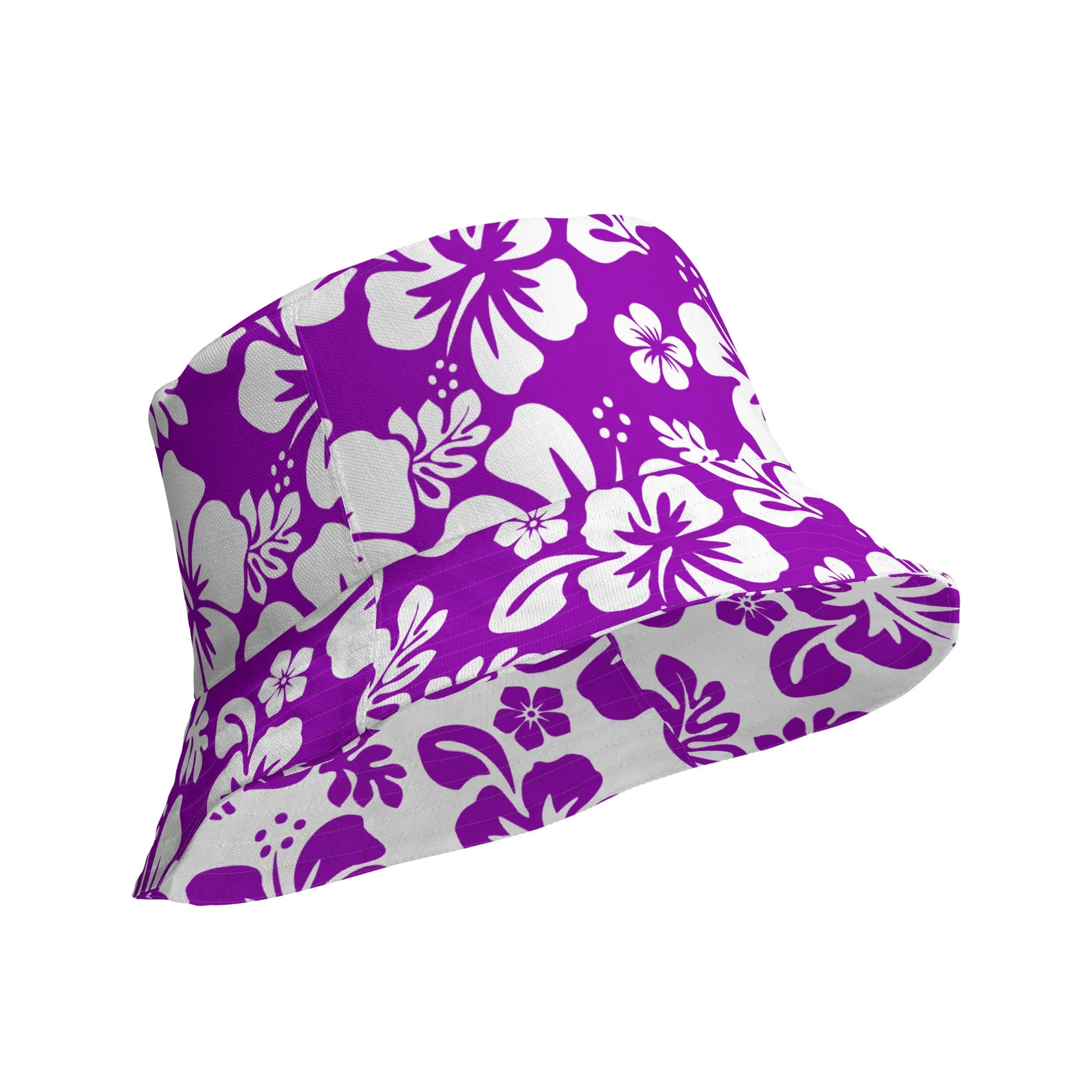 Purple and White Hawaiian Flowers Reversible Bucket Hat