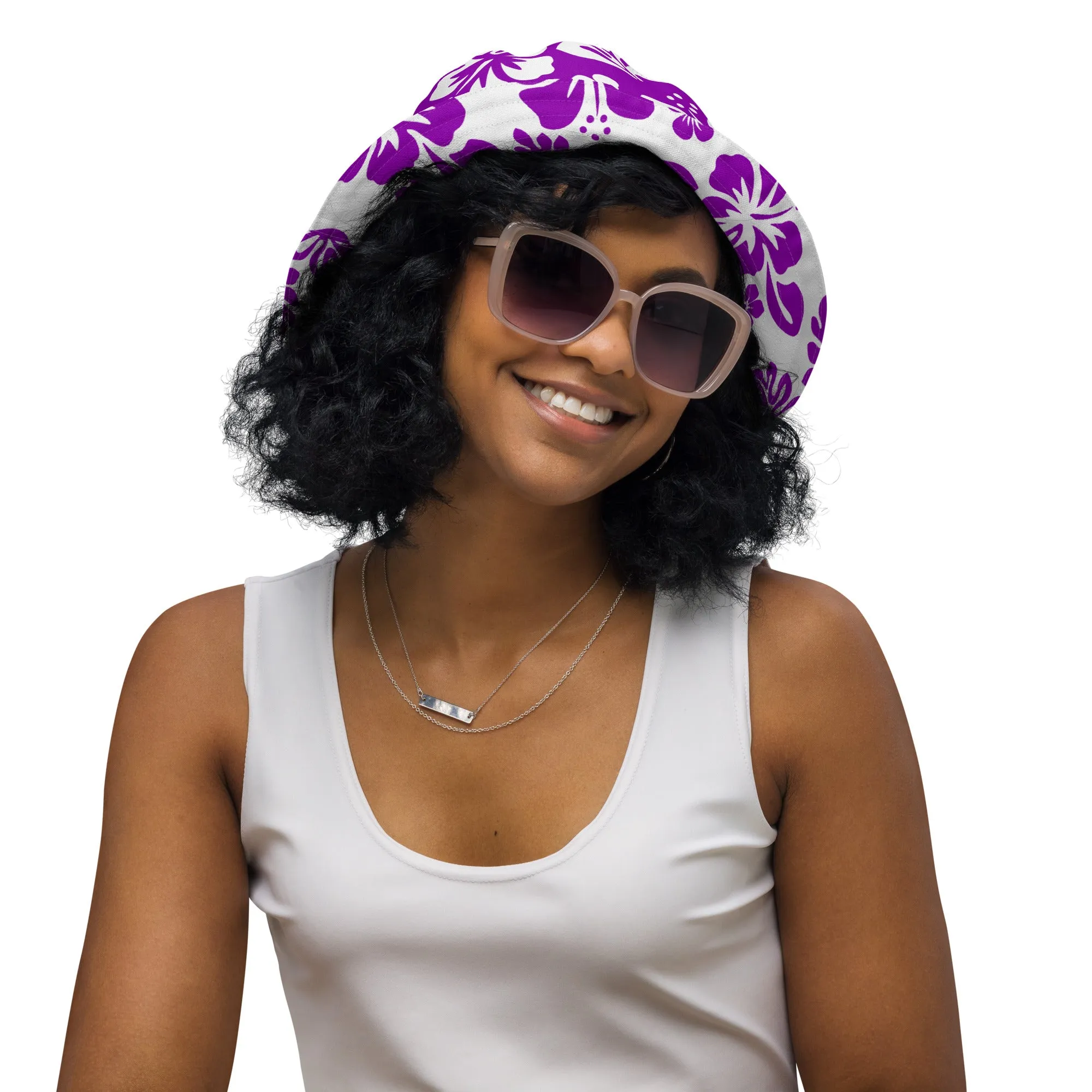 Purple and White Hawaiian Flowers Reversible Bucket Hat