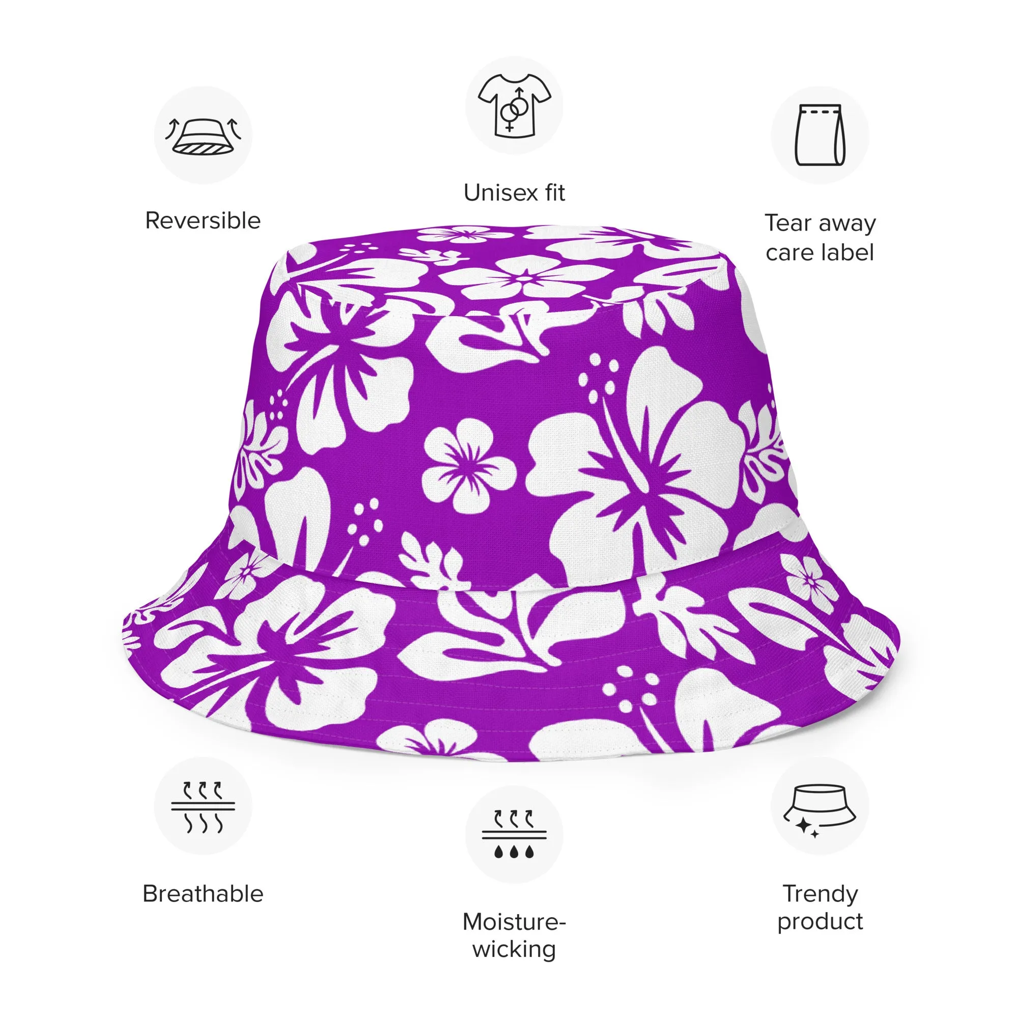 Purple and White Hawaiian Flowers Reversible Bucket Hat