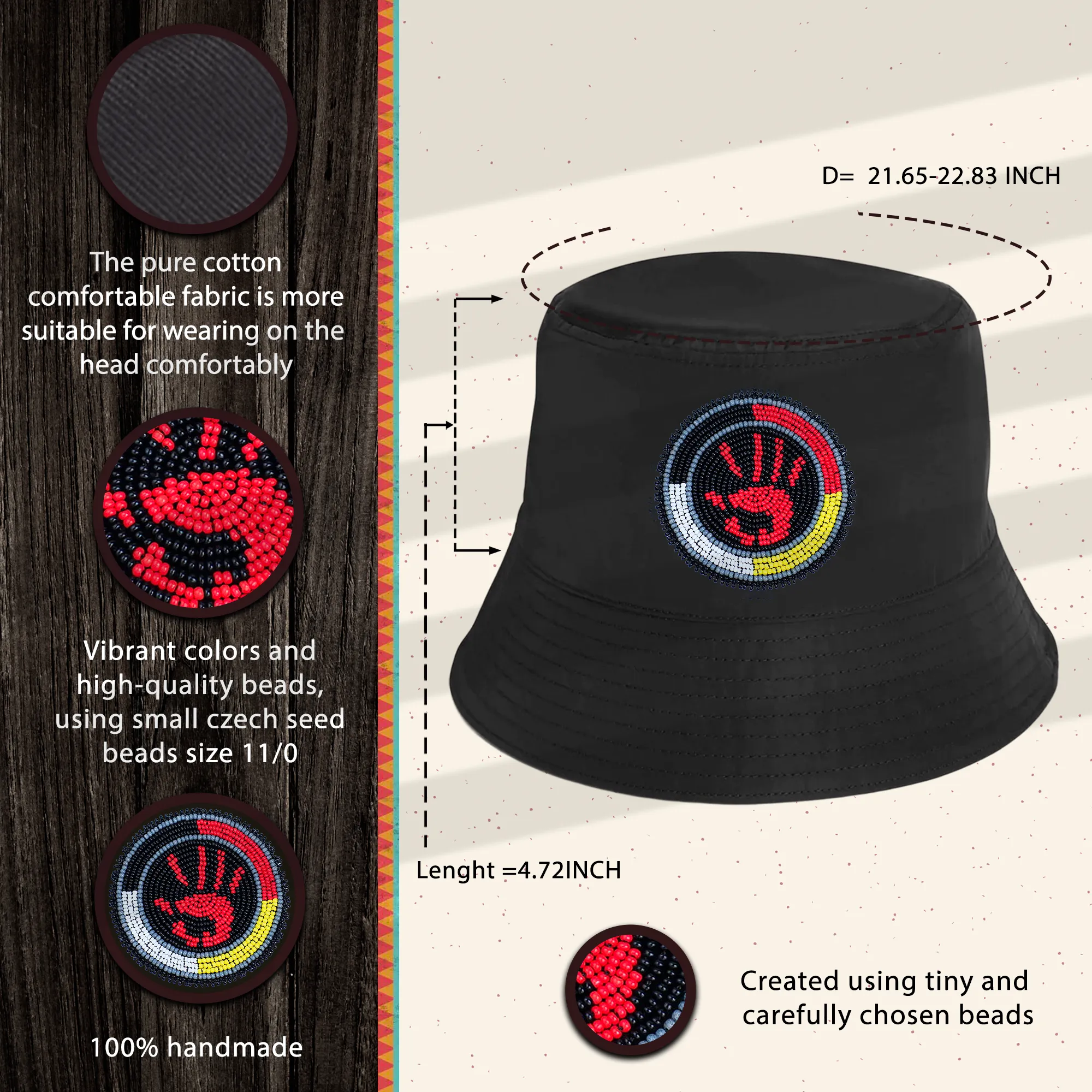 SALE 50% OFF - Handprint Beaded Unisex Cotton Bucket Hat with Native American