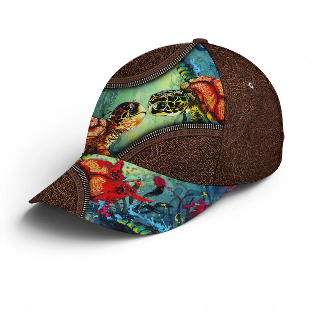 Sea Turtle Ocean Theme Leather Style Baseball Cap Coolspod