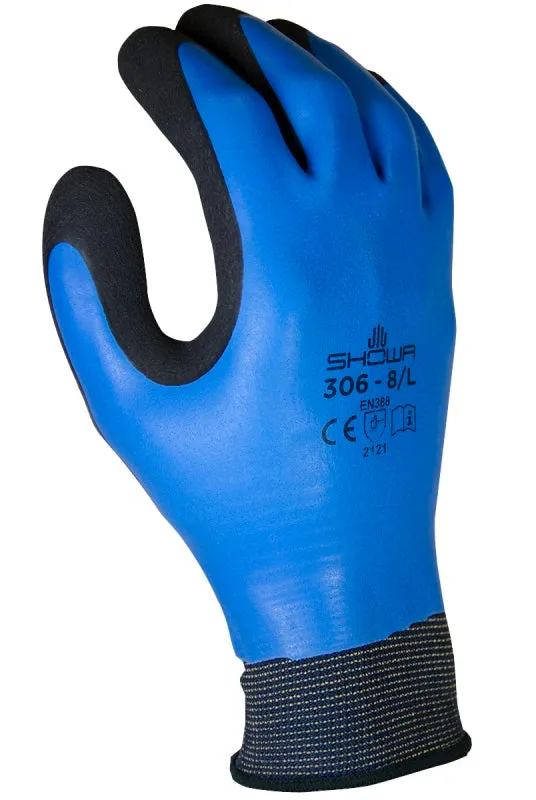 Showa 306L-08.RT Gloves, L, Elastic Cuff, Latex Coating, Black/Blue :PR: QUANTITY: 1