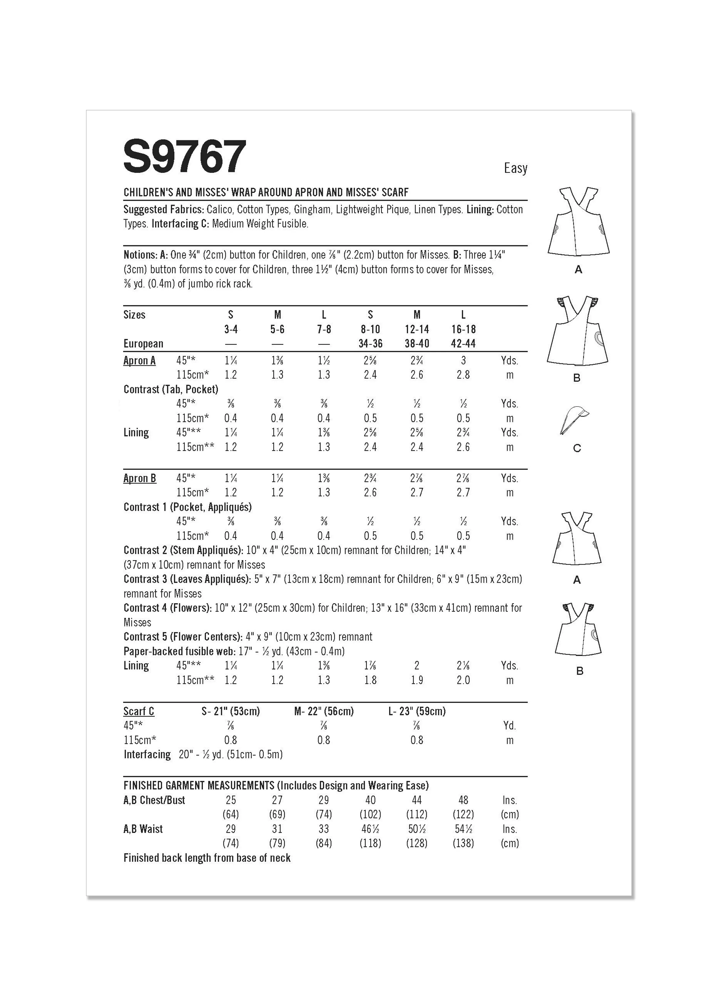 Simplicity Pattern S9767 Children's and Misses' Wrap Around Apron and Scarf Hat