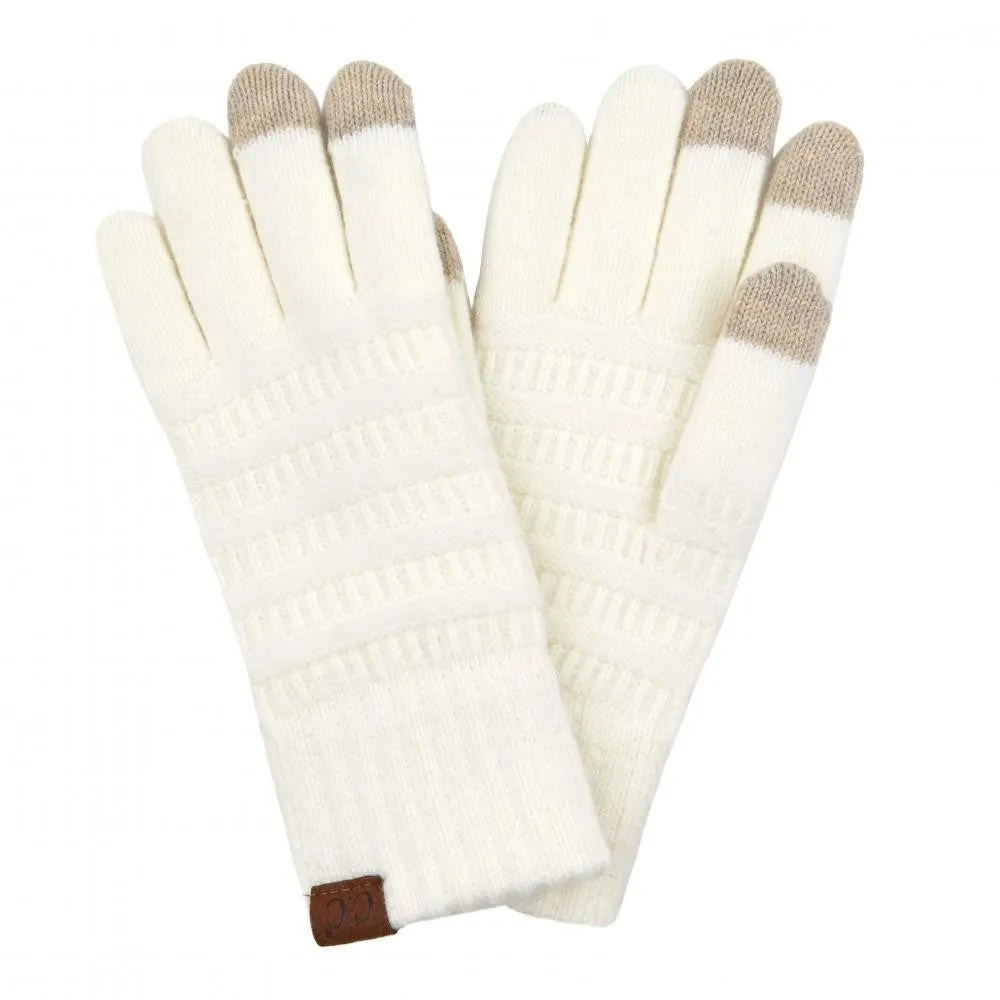 Solid Ribbed Knit Smart Touch Gloves - Ivory