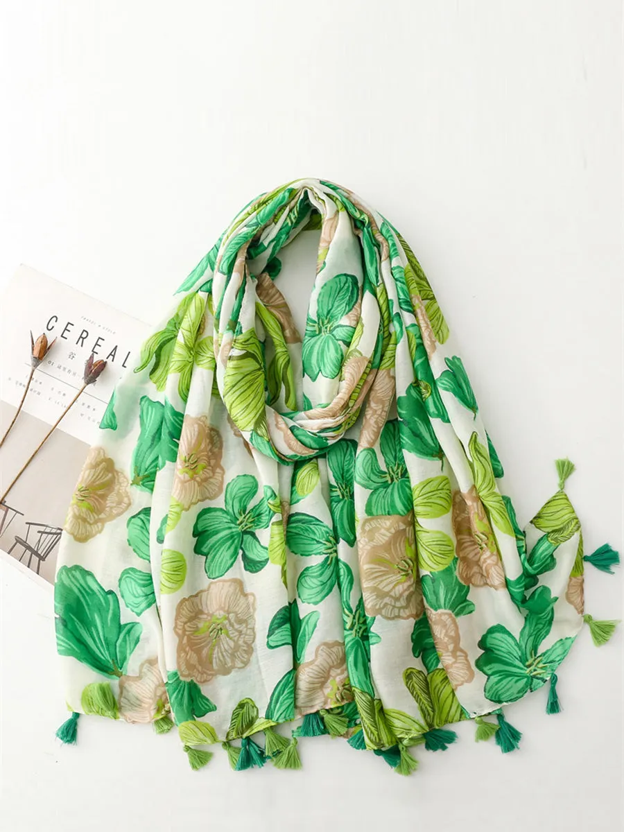 Spring Artsy Flower Print Tassel Shawl Scarf CX017