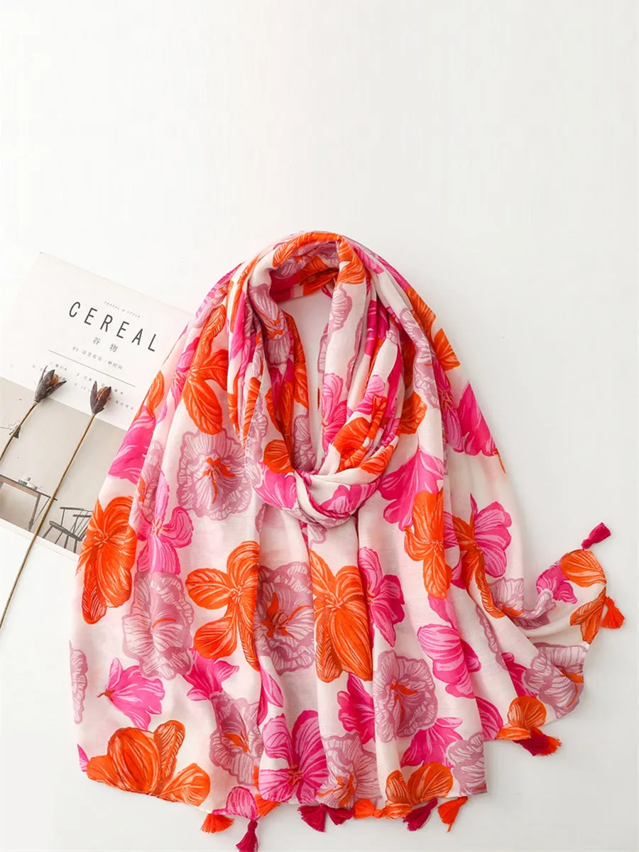 Spring Artsy Flower Print Tassel Shawl Scarf CX017