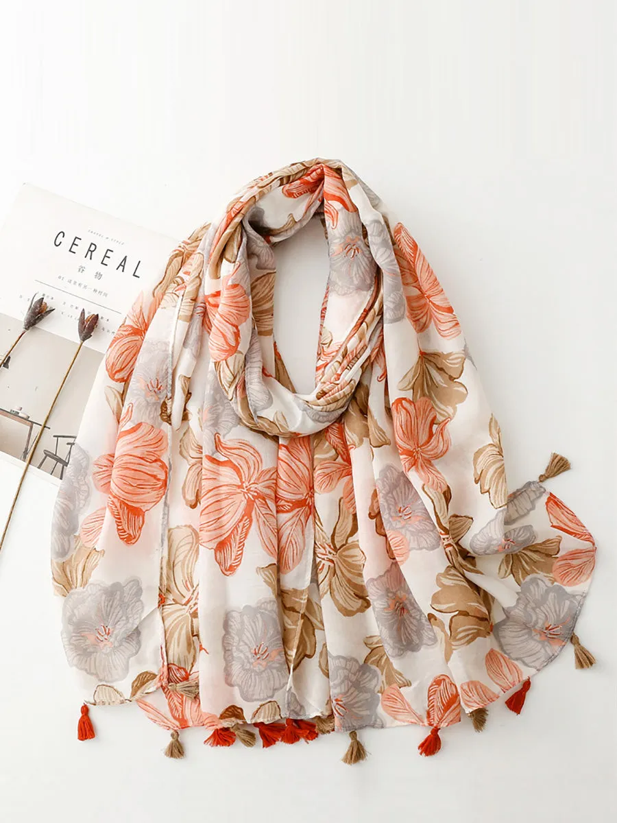 Spring Artsy Flower Print Tassel Shawl Scarf CX017