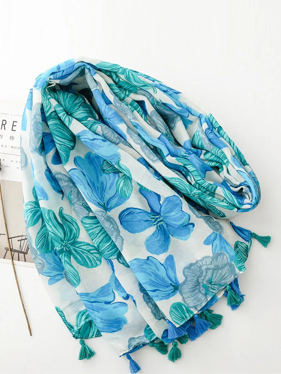 Spring Artsy Flower Print Tassel Shawl Scarf CX017