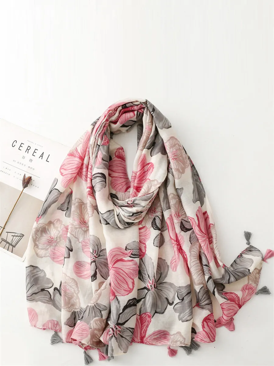 Spring Artsy Flower Print Tassel Shawl Scarf CX017