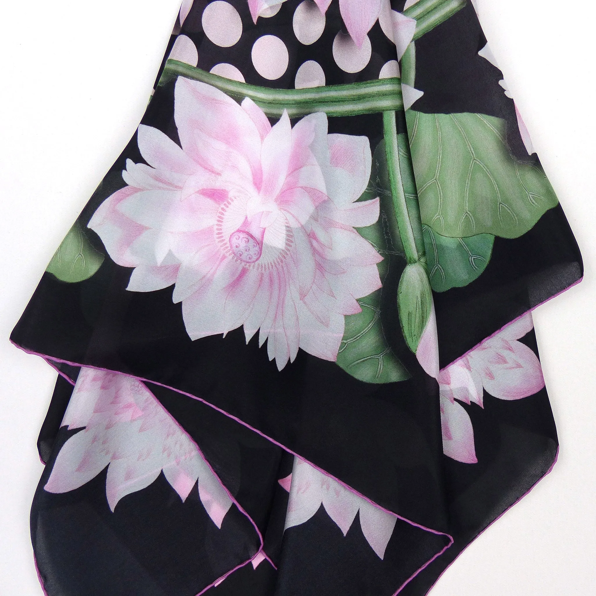 Square Silk Scarf (90cm) - Lotus Flower Black/Pink/Green