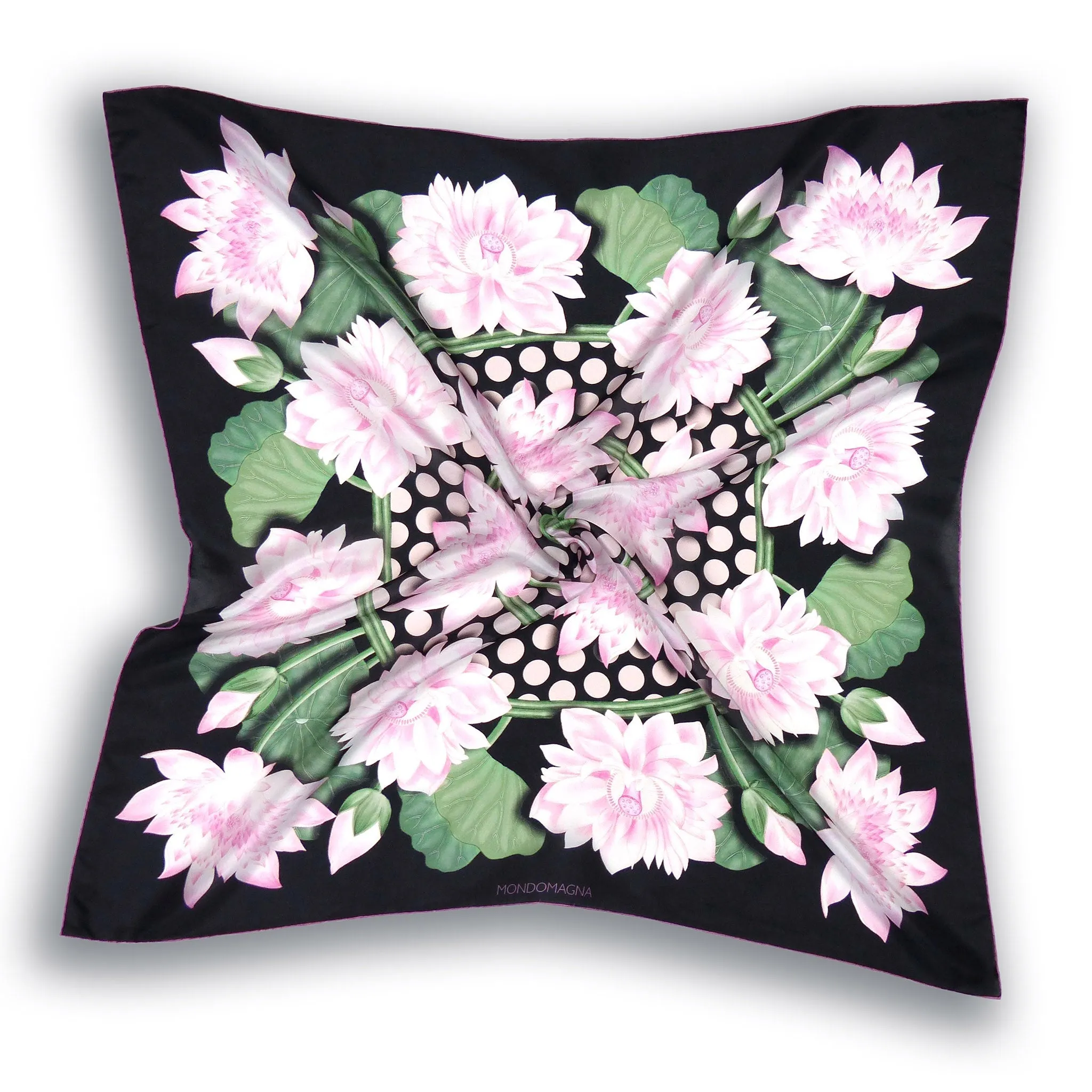 Square Silk Scarf (90cm) - Lotus Flower Black/Pink/Green