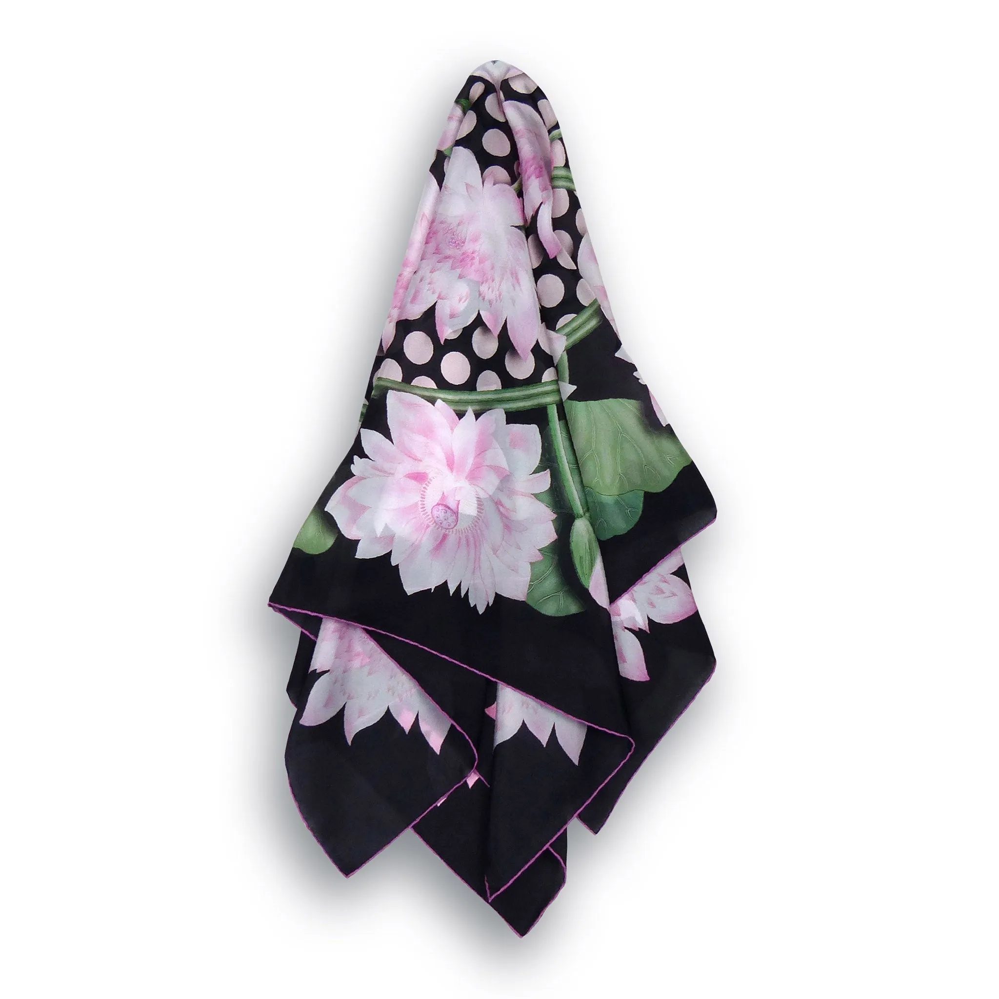 Square Silk Scarf (90cm) - Lotus Flower Black/Pink/Green