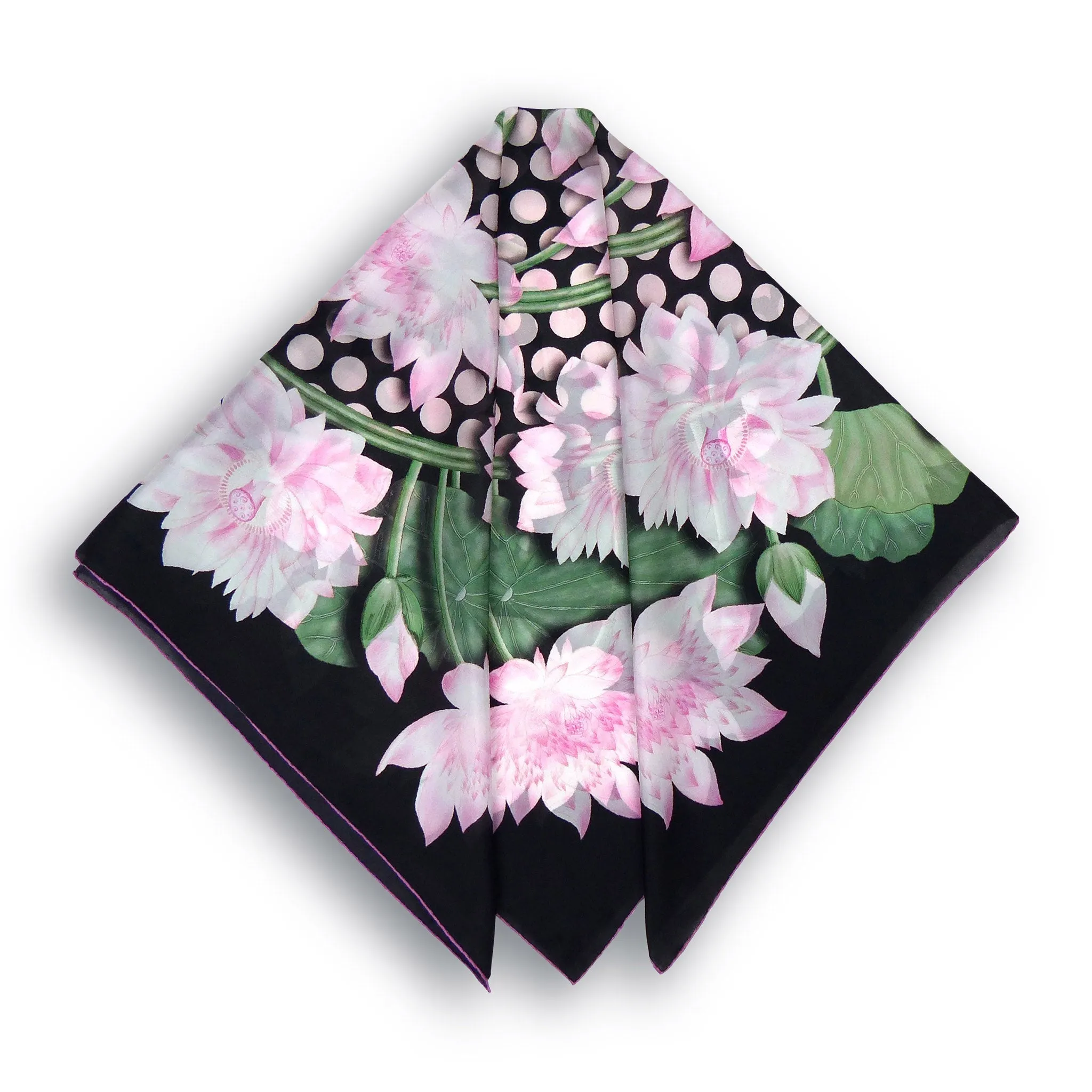 Square Silk Scarf (90cm) - Lotus Flower Black/Pink/Green