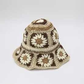 Straw Crochet Bucket Hat in Floral Brown & Cream