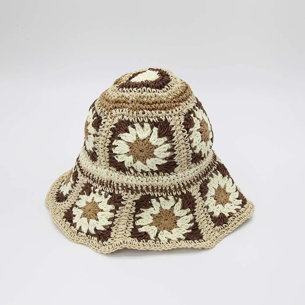 Straw Crochet Bucket Hat in Floral Brown & Cream