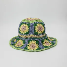 Straw Crochet Bucket Hat in Floral Green, Blue, Yellow