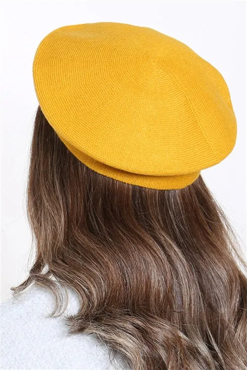 Stretchy Solid Color Beret - Mustard