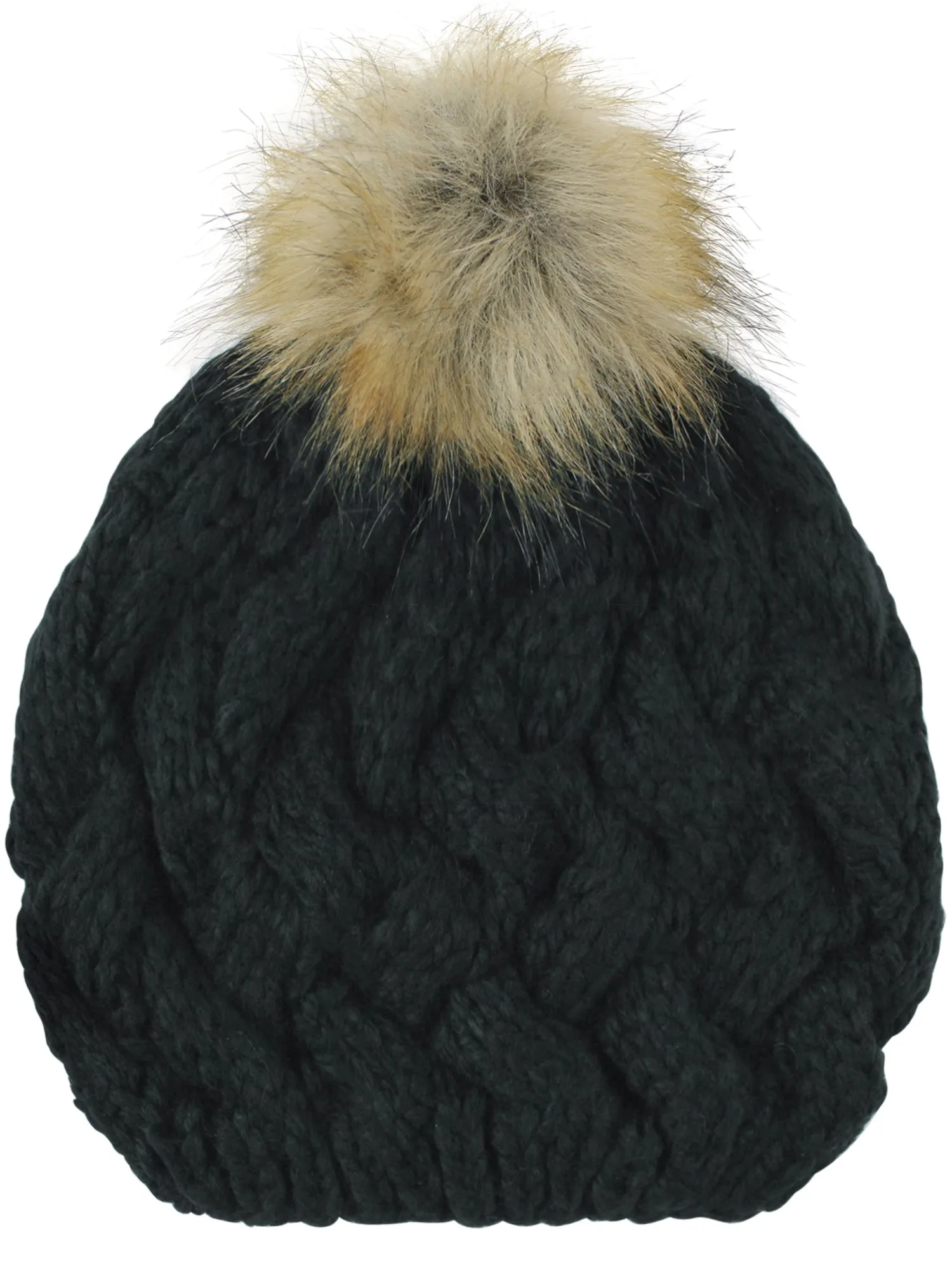 Thick Knit Beret Beanie Hat With Fur Pom Pom