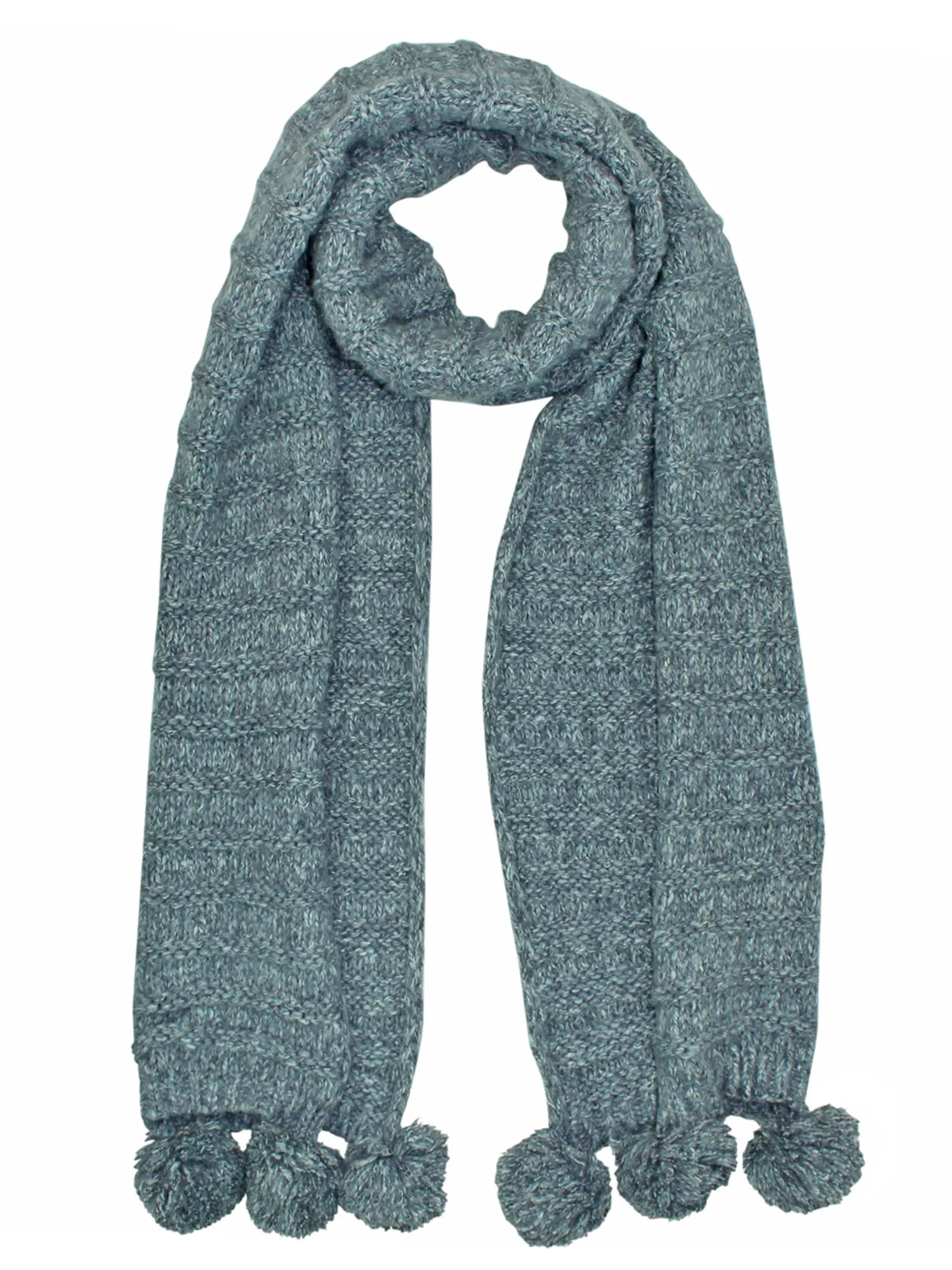 Thick Wide Ribbed Knit Scarf With Pom Poms