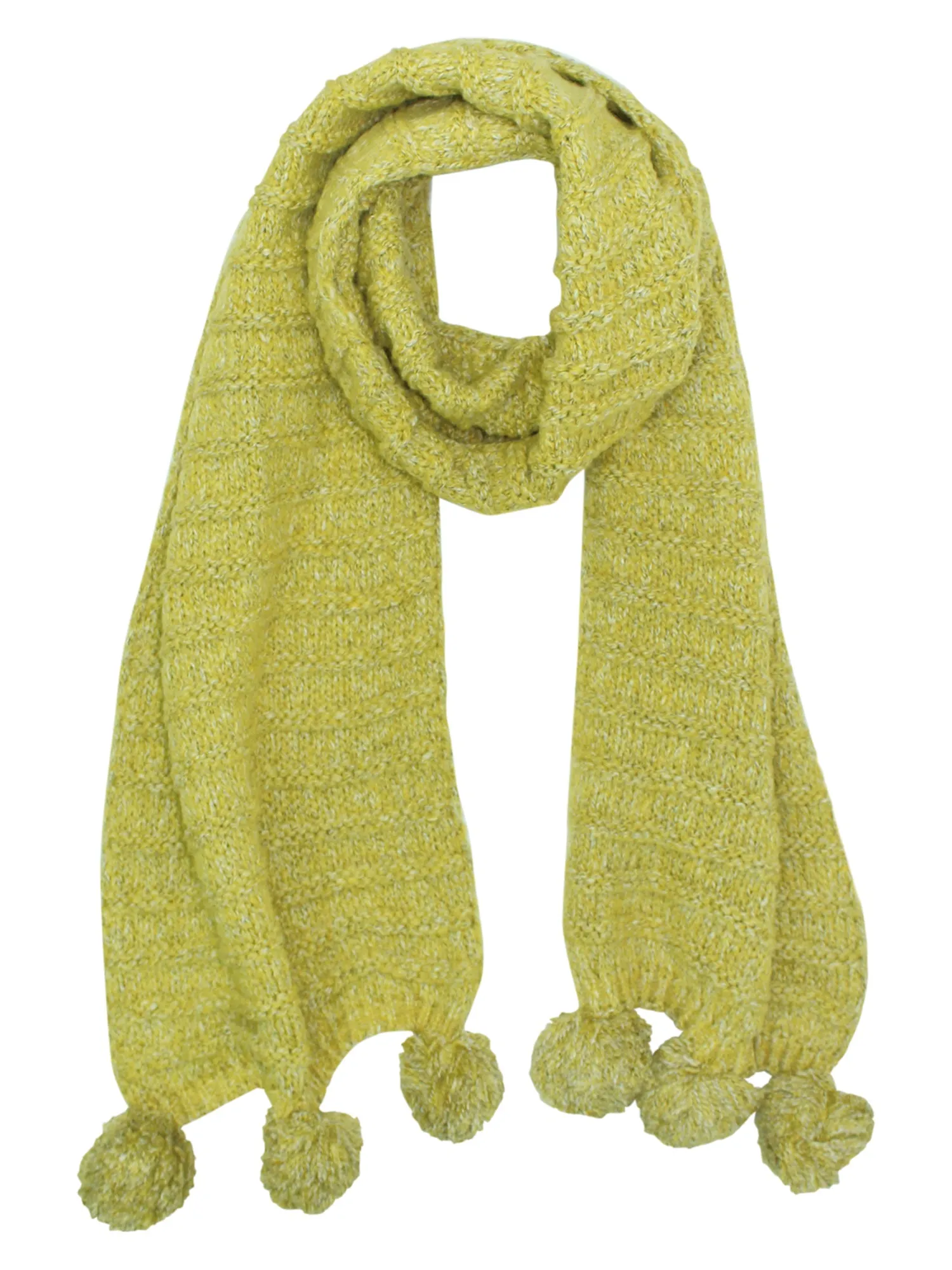 Thick Wide Ribbed Knit Scarf With Pom Poms