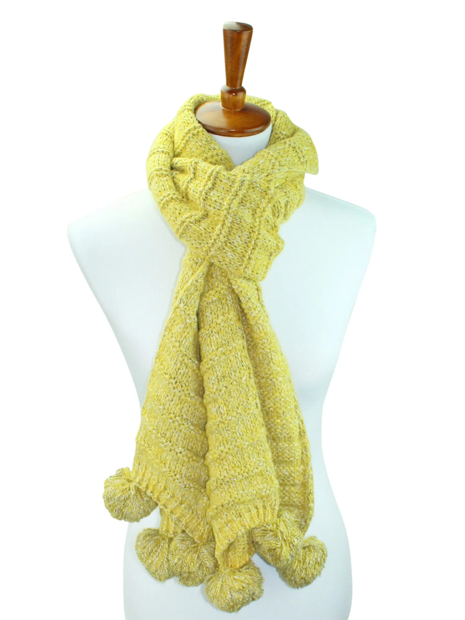 Thick Wide Ribbed Knit Scarf With Pom Poms