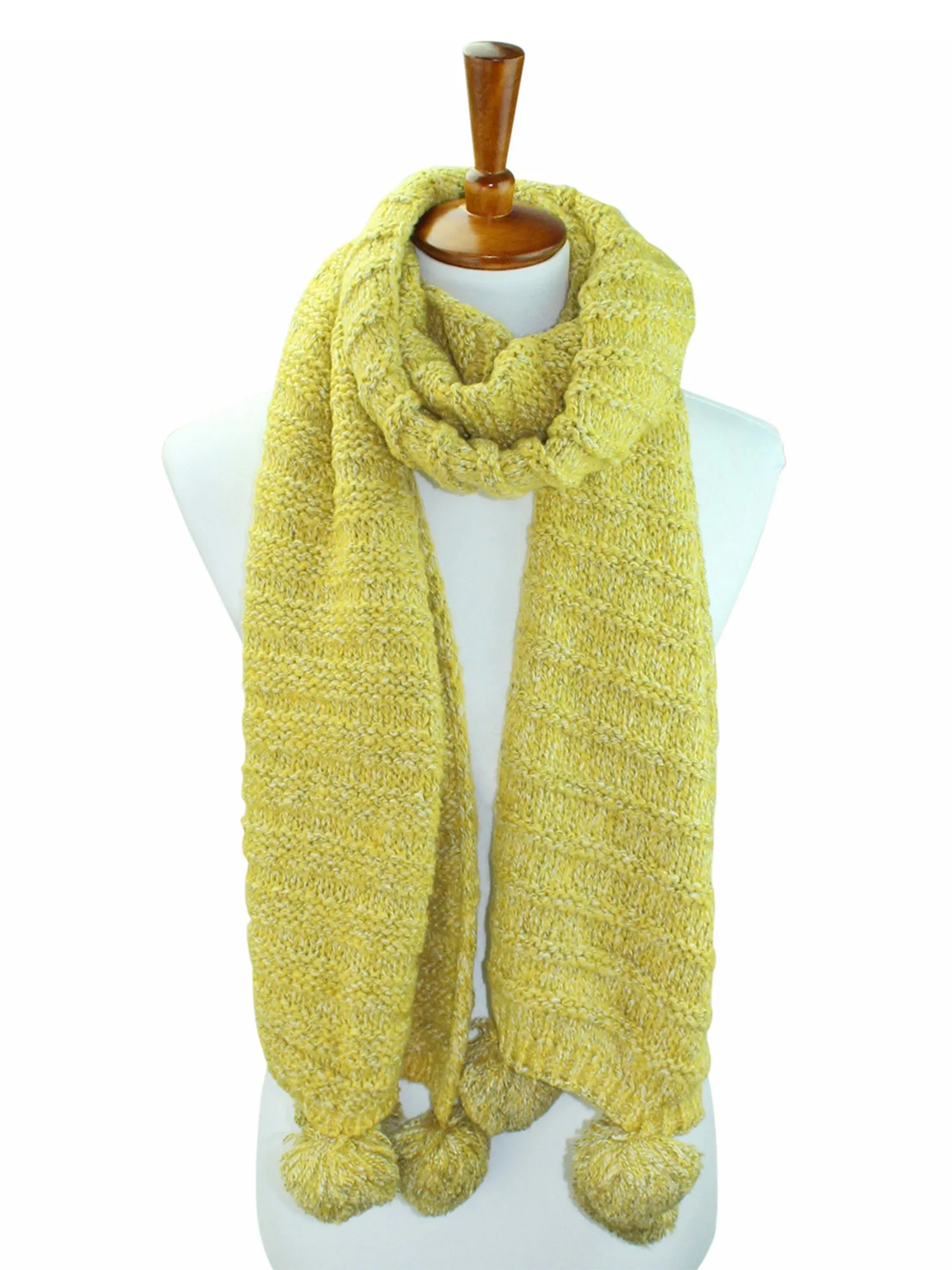 Thick Wide Ribbed Knit Scarf With Pom Poms