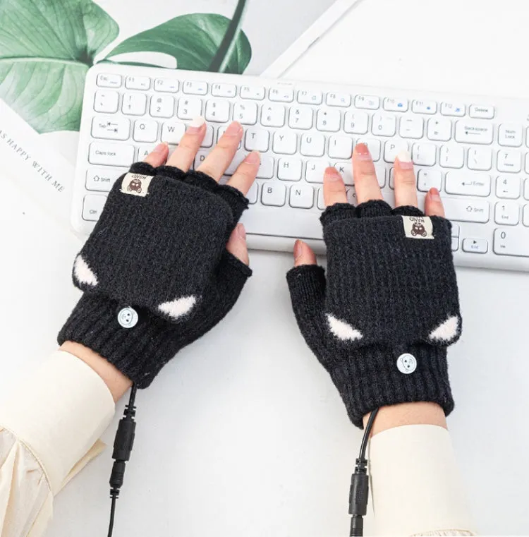 Winter Office USB Heating Warm Half Finger with Cover Gloves Heated Pad, Size: Free Size(Black)