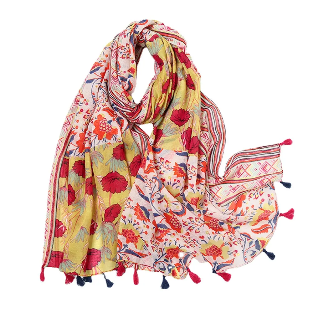 Women Cotton Colored Flower Pattern Scarf Bohemian Long Tassel Dual-Use Sunshade Warm Shawl