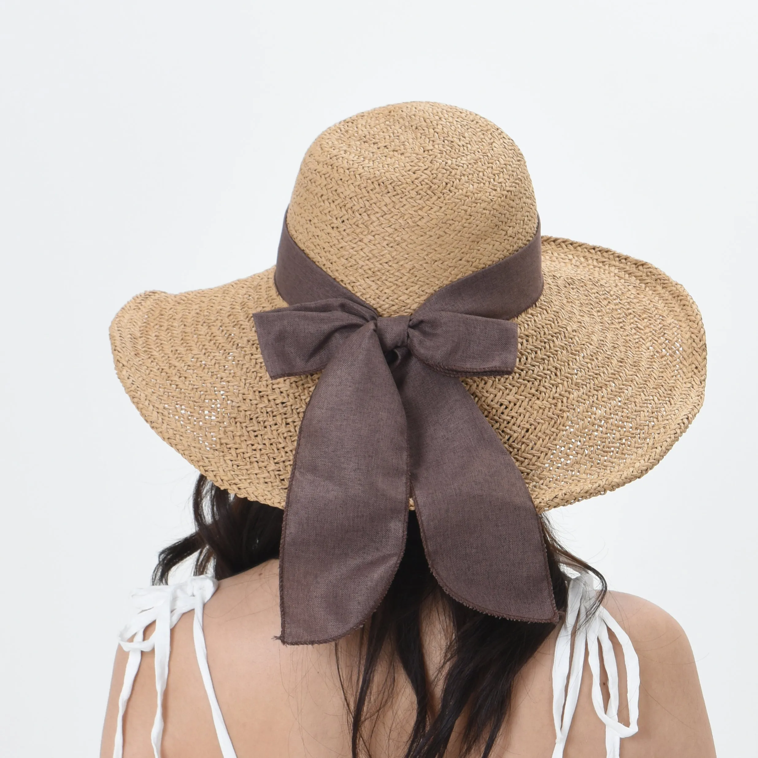 Women Floppy Flanging Straw Sun Hat Summer Beach Cap Wide Brim Ribbon CR9979