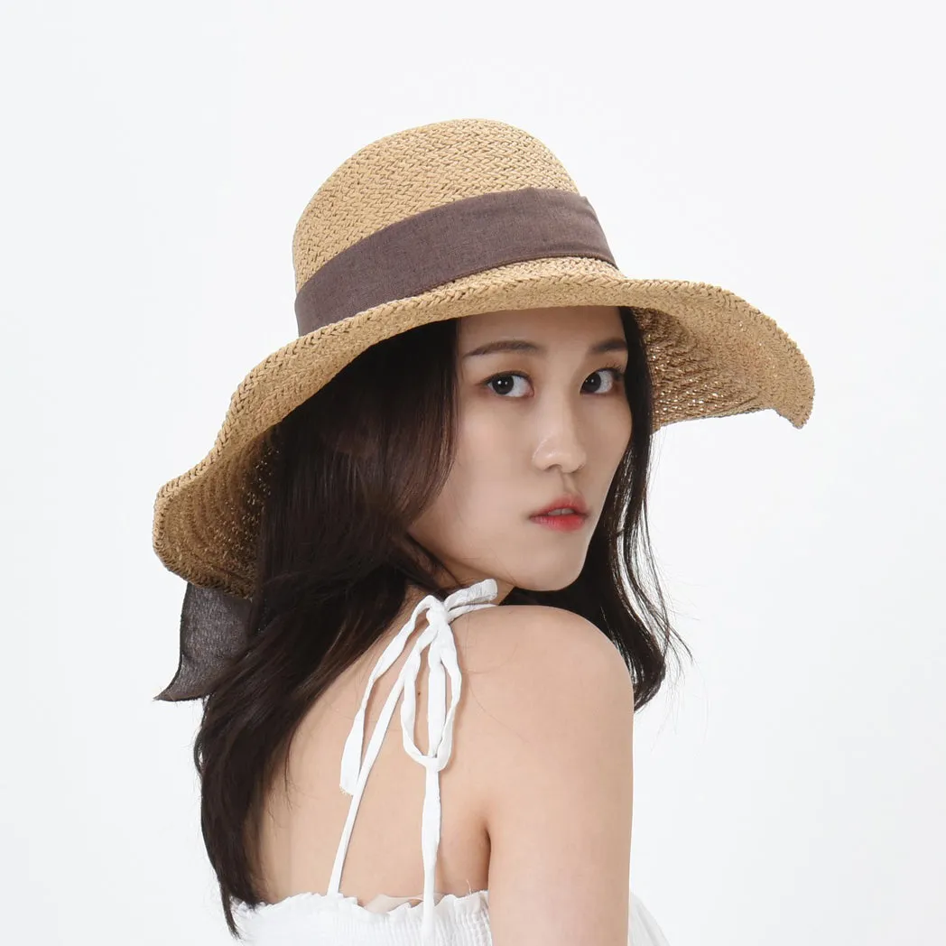 Women Floppy Flanging Straw Sun Hat Summer Beach Cap Wide Brim Ribbon CR9979