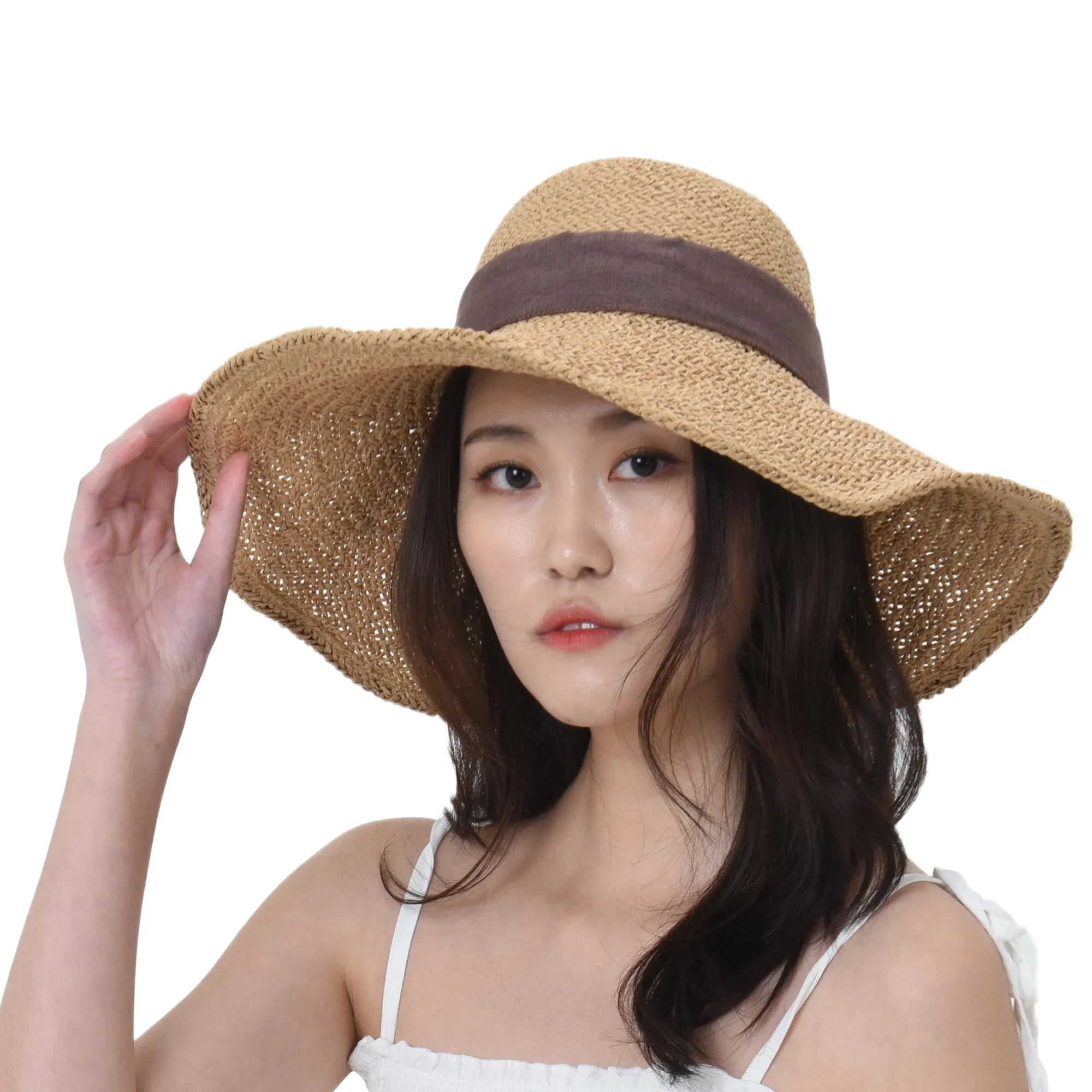 Women Floppy Flanging Straw Sun Hat Summer Beach Cap Wide Brim Ribbon CR9979