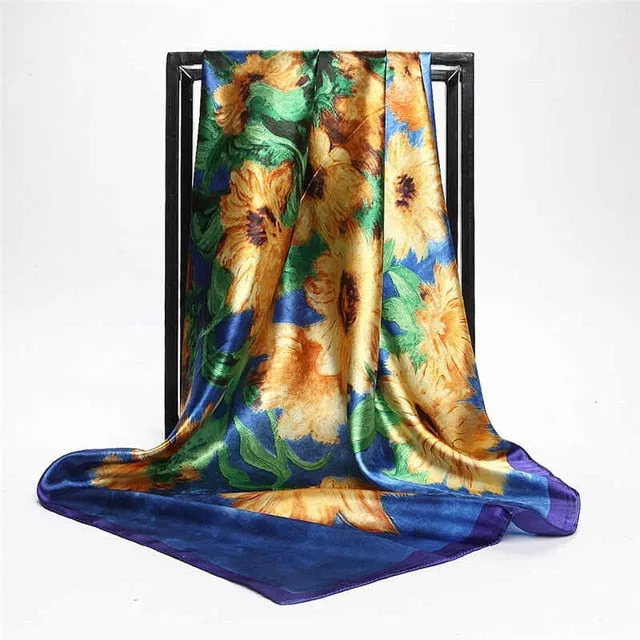 Women Print Foulard Satin Square Head  Scarfves  90cm