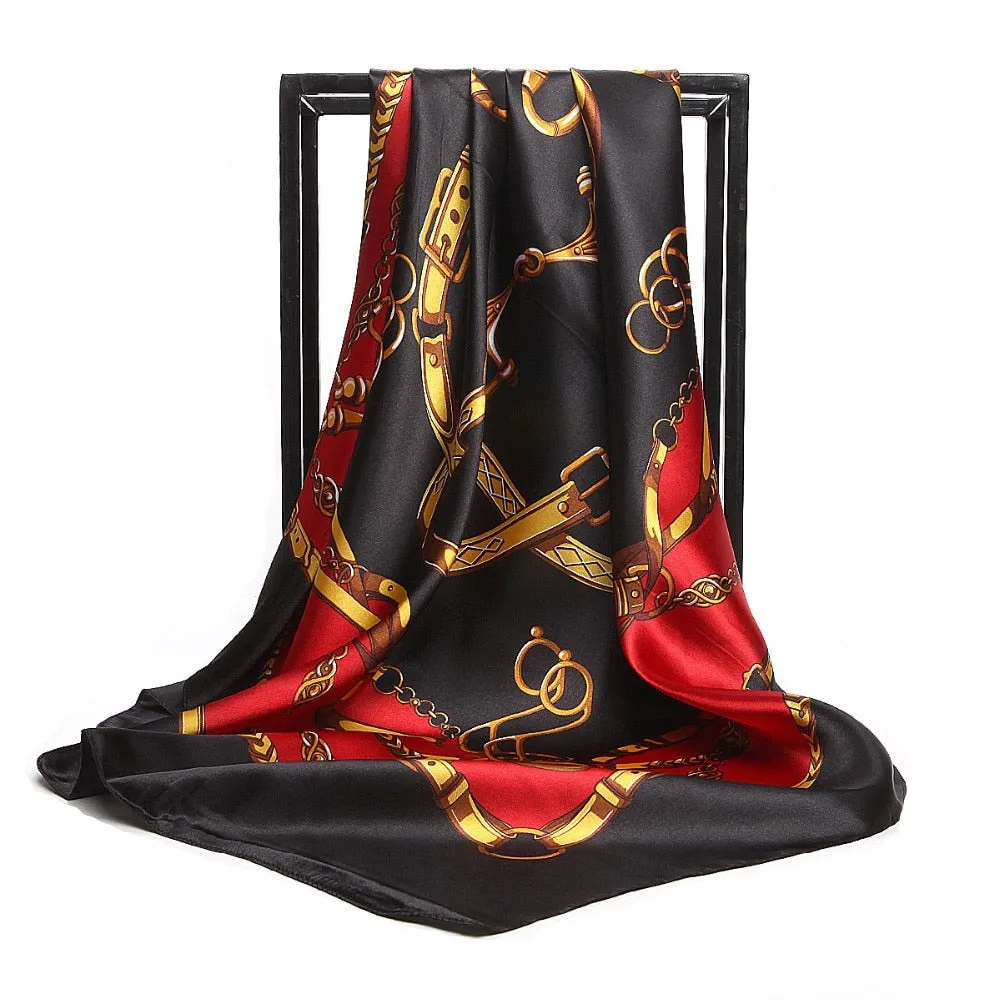 Women Print Foulard Satin Square Head  Scarfves  90cm