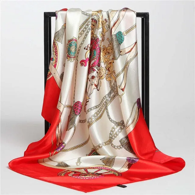 Women Print Foulard Satin Square Head  Scarfves  90cm