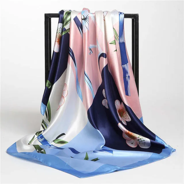 Women Print Foulard Satin Square Head  Scarfves  90cm