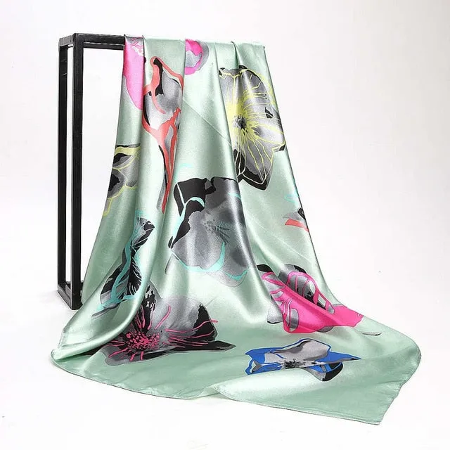 Women Print Foulard Satin Square Head  Scarfves  90cm