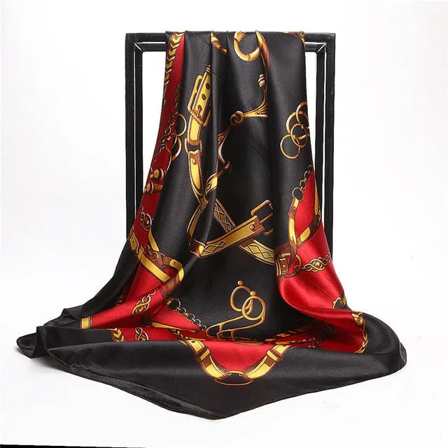 Women Print Foulard Satin Square Head  Scarfves  90cm