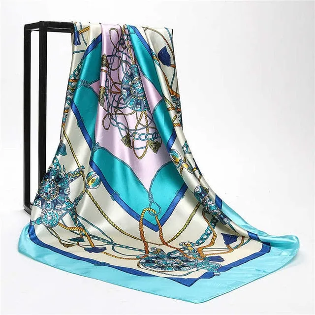 Women Print Foulard Satin Square Head  Scarfves  90cm