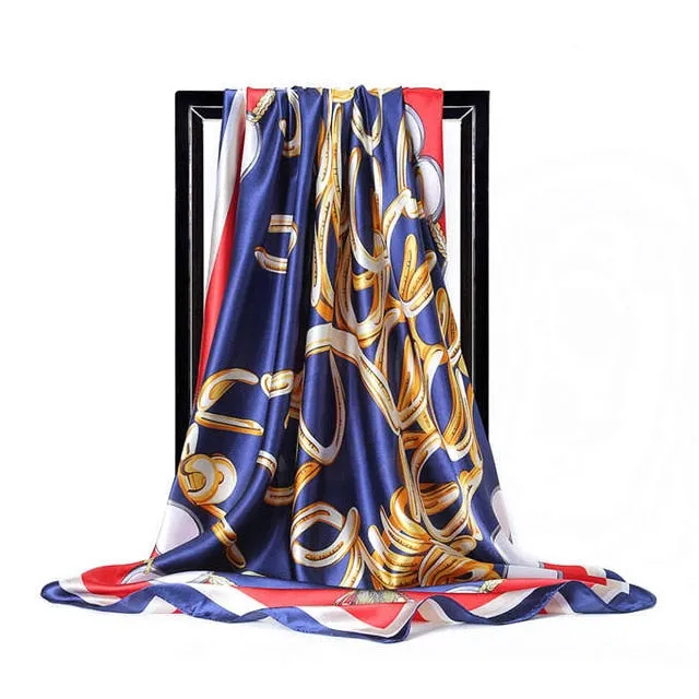 Women Print Foulard Satin Square Head  Scarfves  90cm