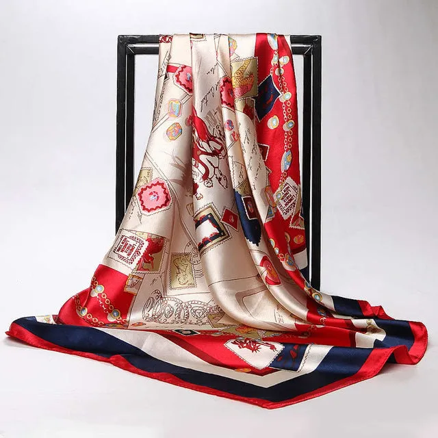 Women Print Foulard Satin Square Head  Scarfves  90cm