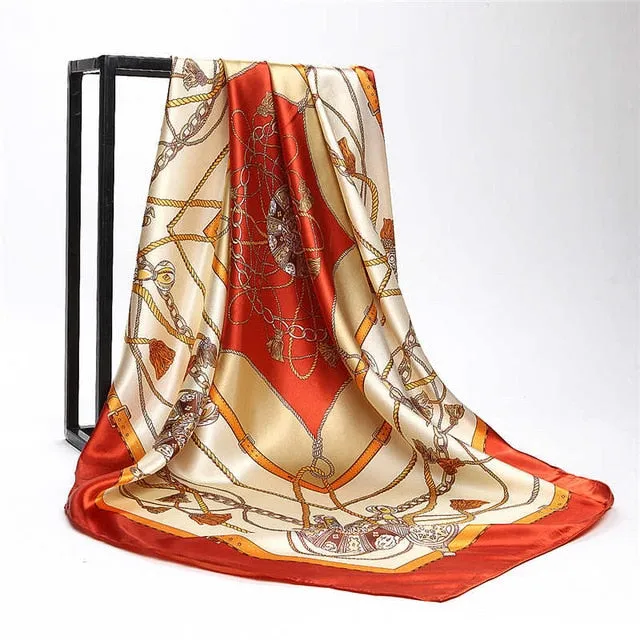 Women Print Foulard Satin Square Head  Scarfves  90cm