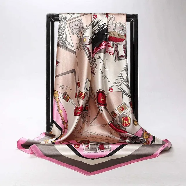 Women Print Foulard Satin Square Head  Scarfves  90cm