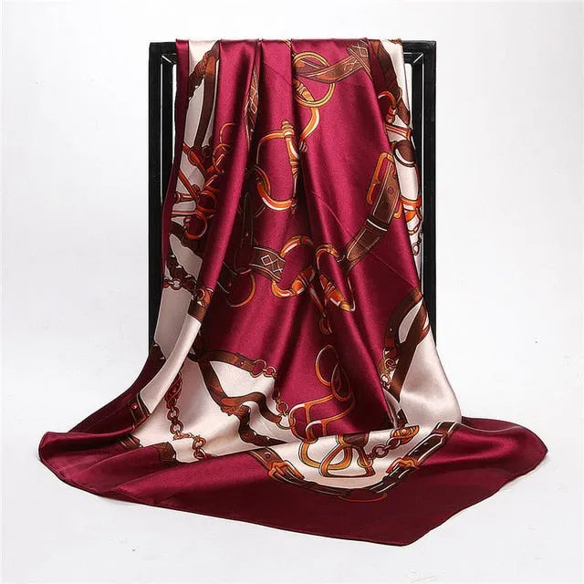 Women Print Foulard Satin Square Head  Scarfves  90cm