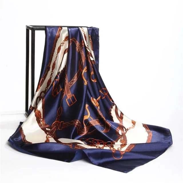 Women Print Foulard Satin Square Head  Scarfves  90cm