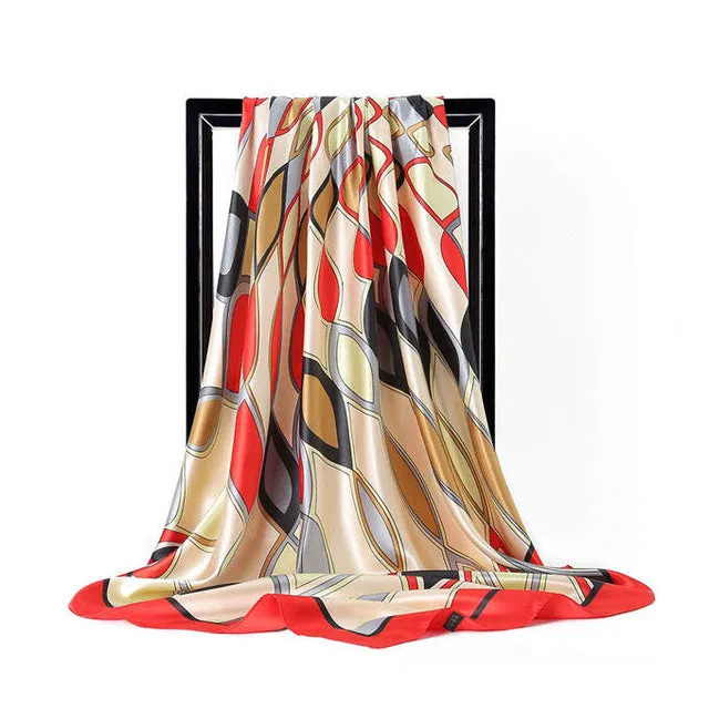 Women Print Foulard Satin Square Head  Scarfves  90cm