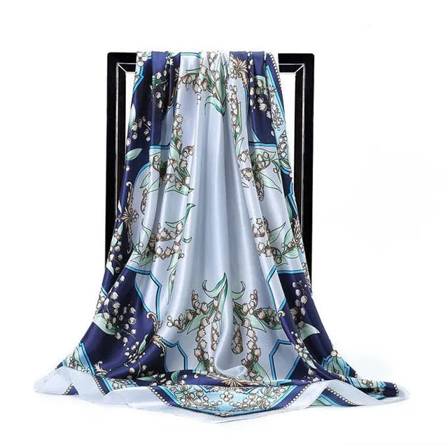 Women Print Foulard Satin Square Head  Scarfves  90cm