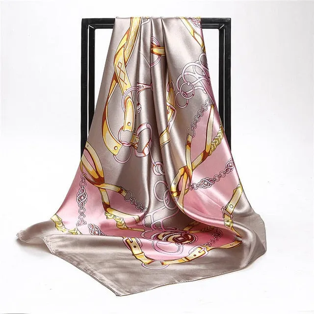 Women Print Foulard Satin Square Head  Scarfves  90cm